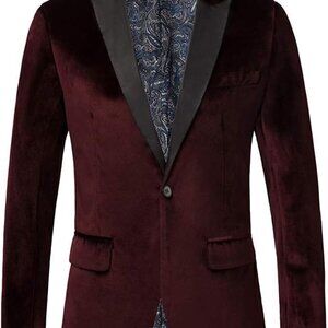 Plush Velvet Blazer Men's Slim Fit Burgundy Tuxedo M